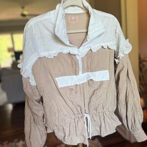 Free People White and Tan Ruffle Top